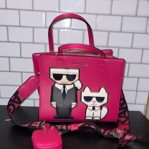 Karl Lagerfeld Hot Pink Leather Appliqué Satchel with Character Motifs
